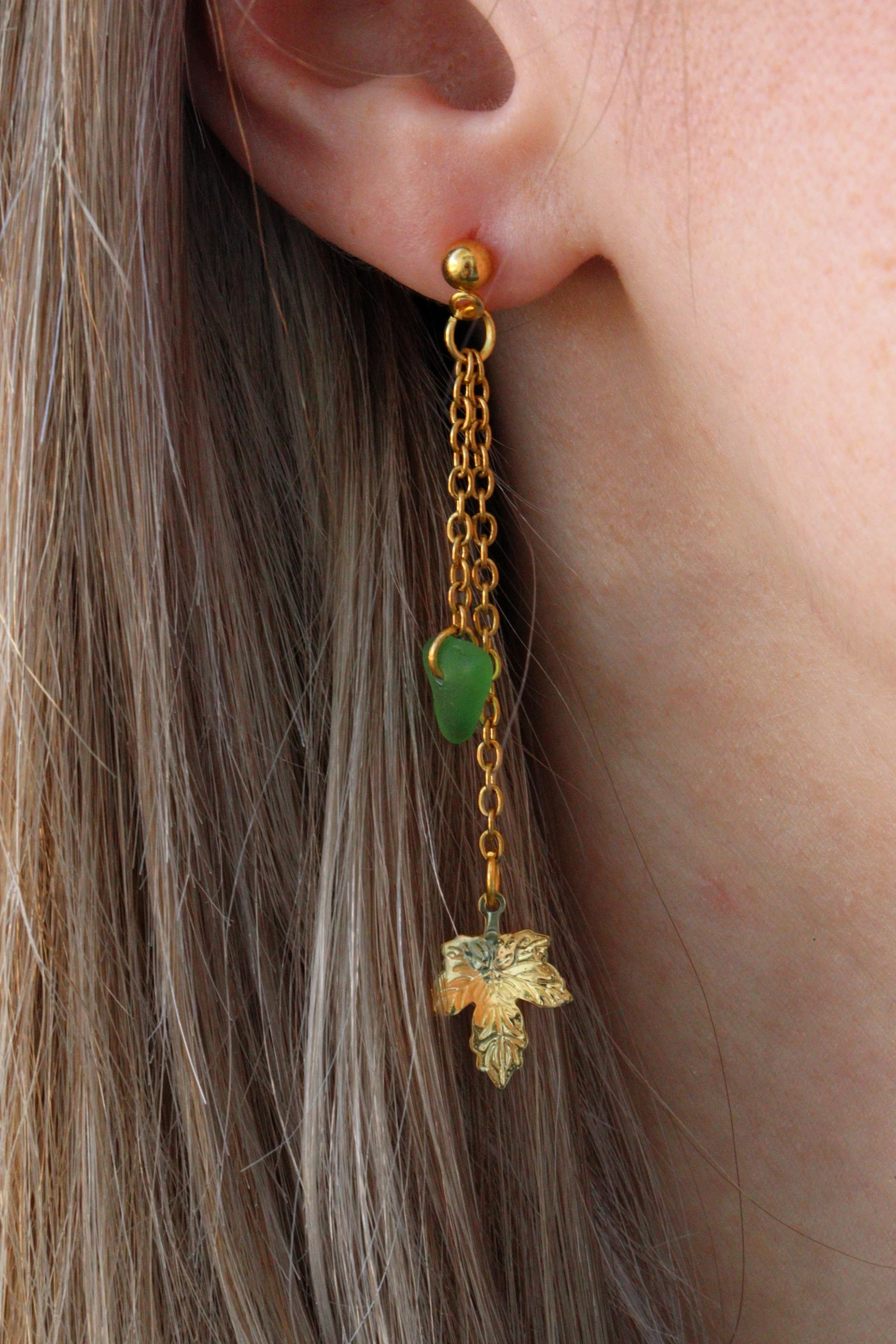 Salina earrings with sea glass and gold-tone drops