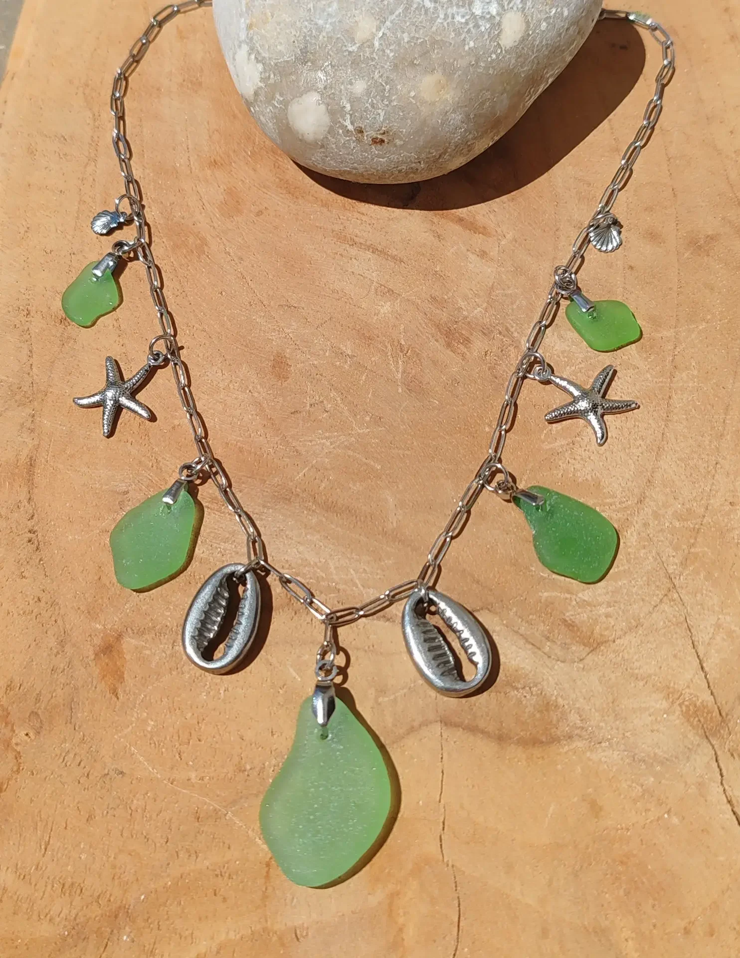 Collier Rivage, verres de mer, cauris et coquillages